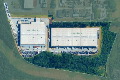 Imagem de topo do condomínio de galpões com os módulos.