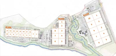 Planta simplificada da implantação do empreendimento  com 3 grandes galpões no terreno local.